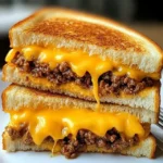 Completed ground beef grilled cheese sandwich served with tomato soup