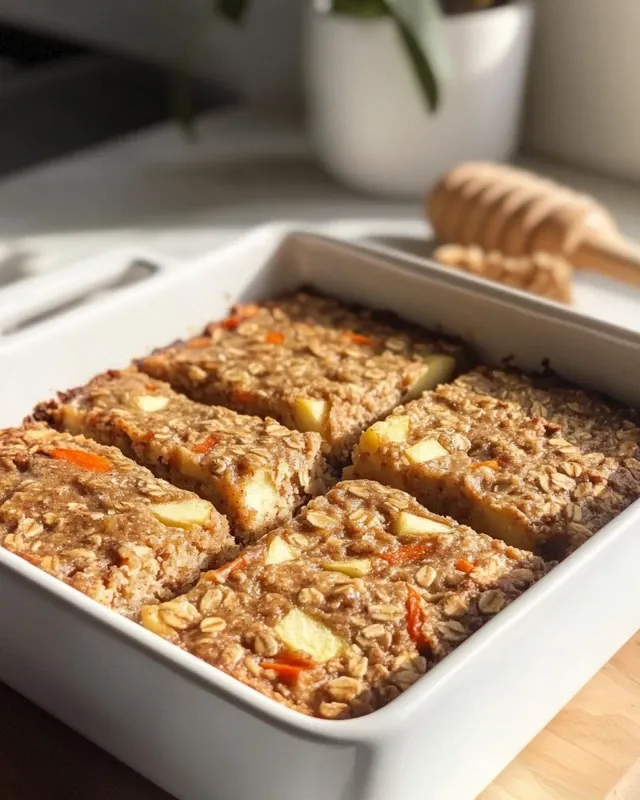 Slice of oatmeal apple carrot bake served with yogurt and berries