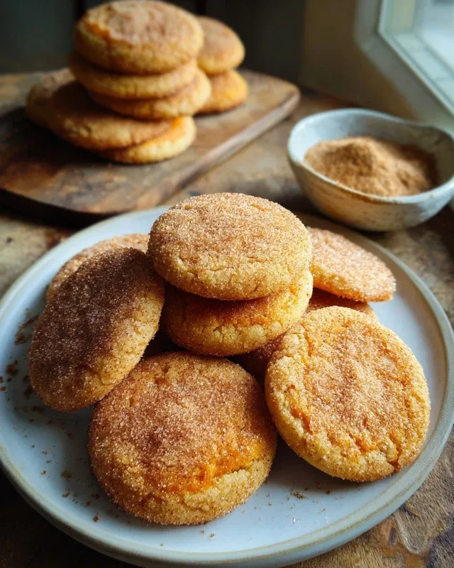 Pumpkin-spice sugar cookie dough balls being rolled in cinnamon-sugar