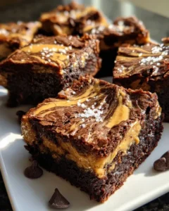 Sliced peanut butter swirl brownies on serving plate