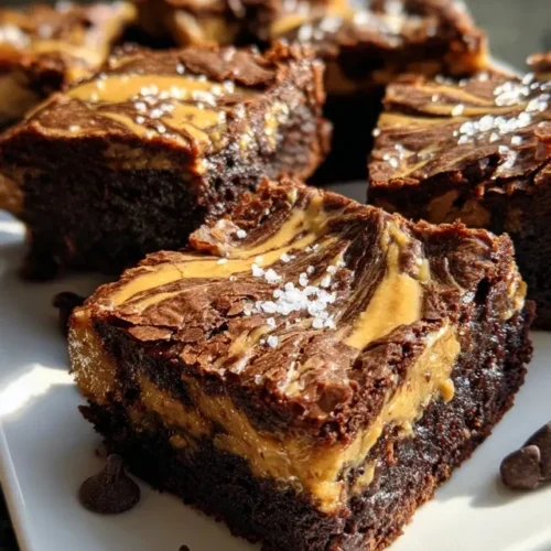 Sliced peanut butter swirl brownies on serving plate