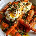 Finished dish of roasted carrots with whipped ricotta served family-style Image title: Family-Style Roasted Carrot Platter