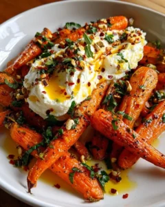 Finished dish of roasted carrots with whipped ricotta served family-style Image title: Family-Style Roasted Carrot Platter
