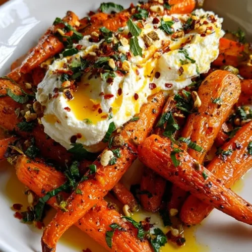 Finished dish of roasted carrots with whipped ricotta served family-style Image title: Family-Style Roasted Carrot Platter