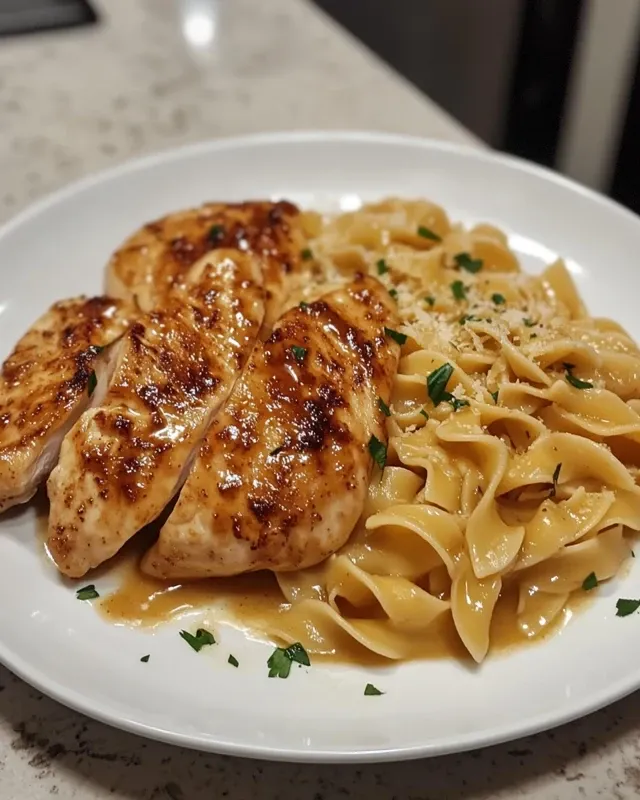 Complete meal of chicken with buttered noodles served with roasted vegetables