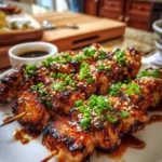 Plated teriyaki chicken skewers with rice and cucumber salad