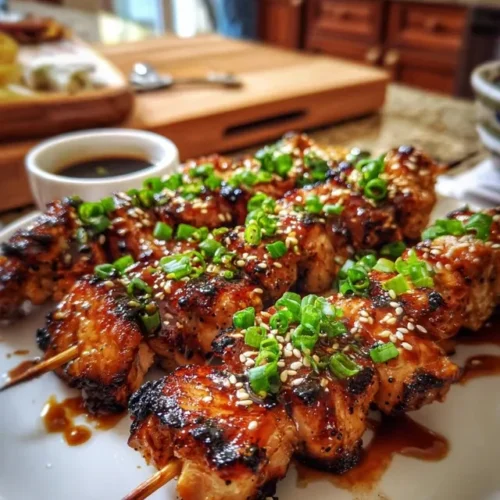 Plated teriyaki chicken skewers with rice and cucumber salad