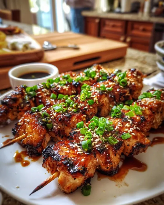  Plated teriyaki chicken skewers with rice and cucumber salad