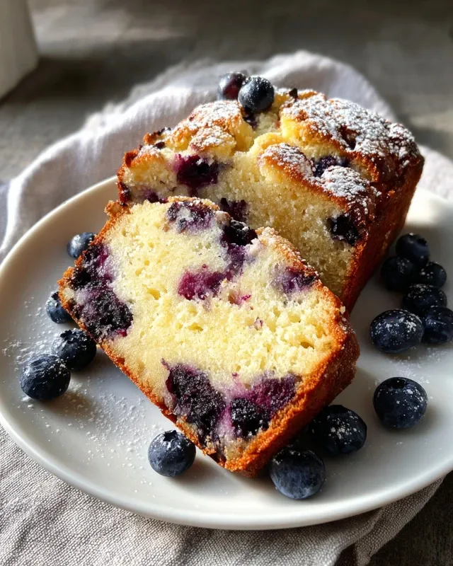 Whole loaf of lemon blueberry bread on cooling rack