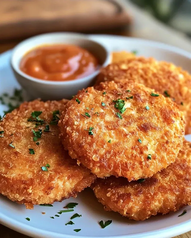 Plated Southern Fried Salmon Patties with lemon wedges and fresh herbs on vintage plate