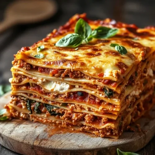 Baked high protein lasagna with bubbling cheese on top