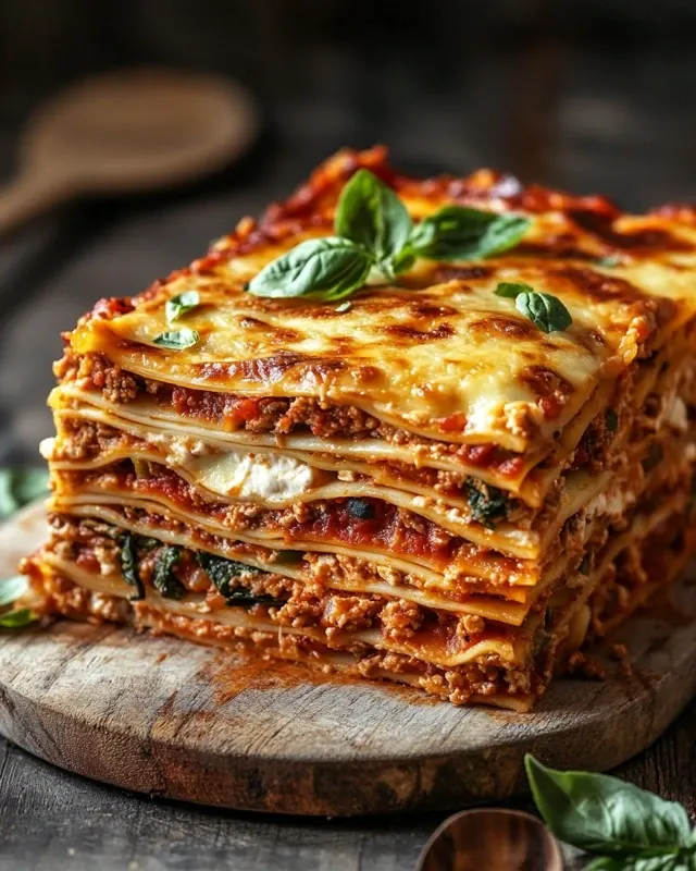 Baked high protein lasagna with bubbling cheese on top