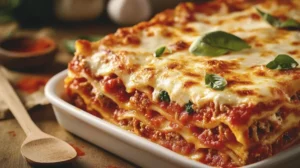 Baked high protein lasagna with bubbling cheese on top