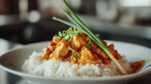Finished plate of orange chicken with rice and vegetables