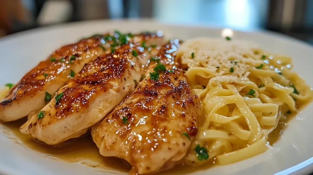 Complete meal of chicken with buttered noodles served with roasted vegetables