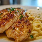 Complete meal of chicken with buttered noodles served with roasted vegetables