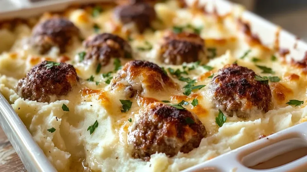Serving of meatball and mashed potato bake on plate