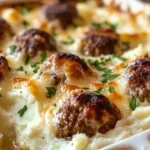 Serving of meatball and mashed potato bake on plate