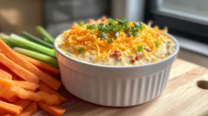 High protein crack dip served with colorful vegetable platter