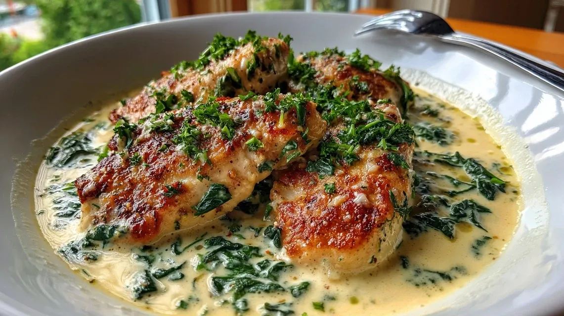 Creamy garlic Parmesan chicken with wilted spinach in skillet