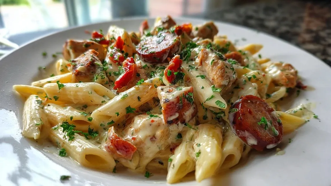 Creamy Pepper Jack Chicken and Sausage Pasta in a skillet