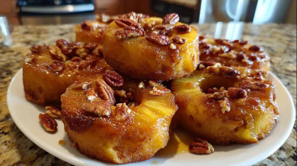 Freshly baked Sweet Potato Pineapple Upside Down Donut Rings on cooling rack