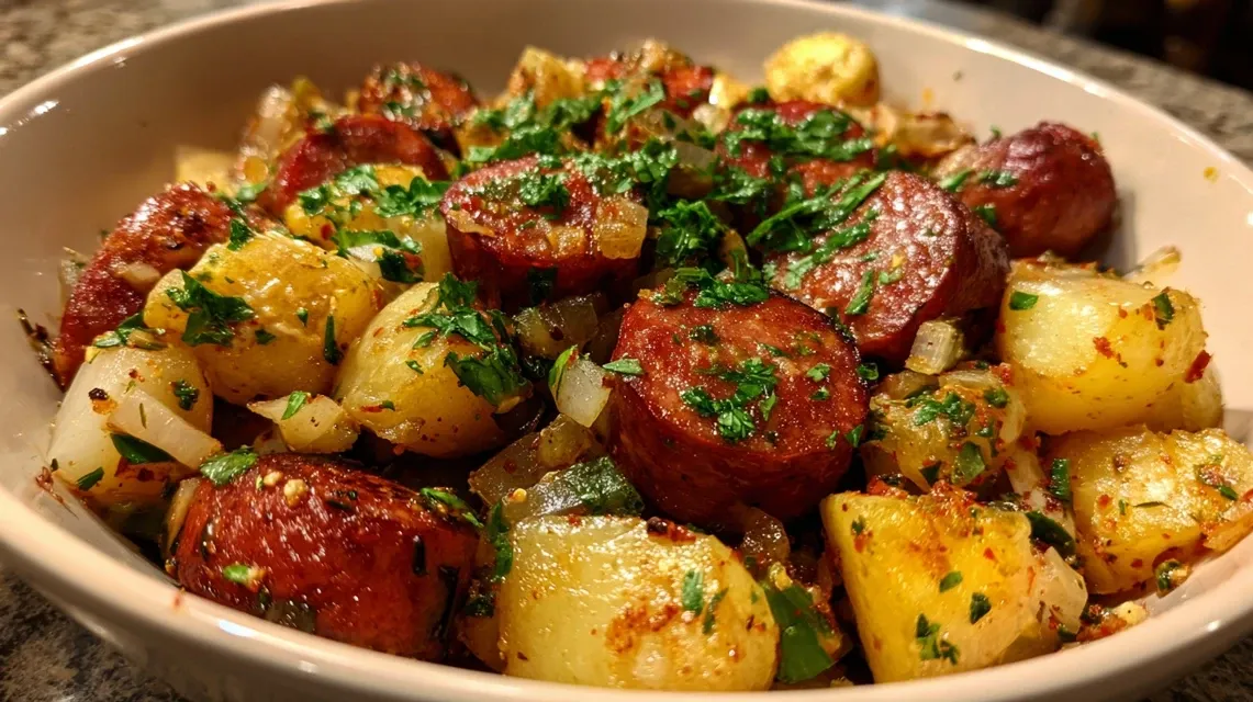 Skillet of smoked sausage and potatoes with fresh parsley garnish