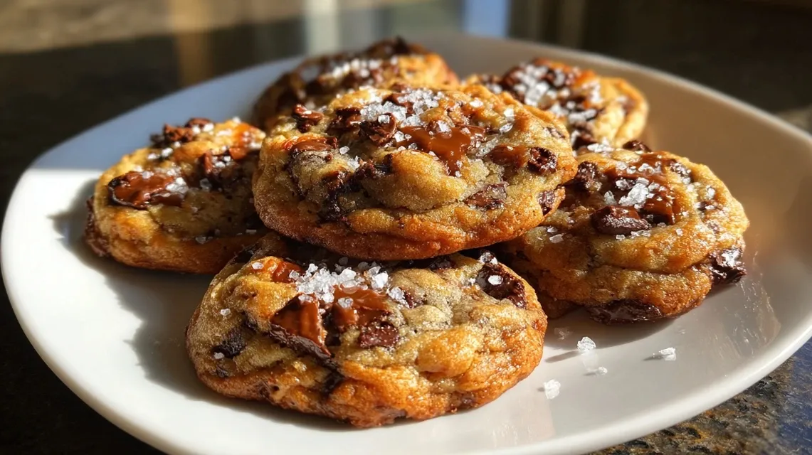  Freshly baked salted caramel chocolate chip cookies on cooling rack