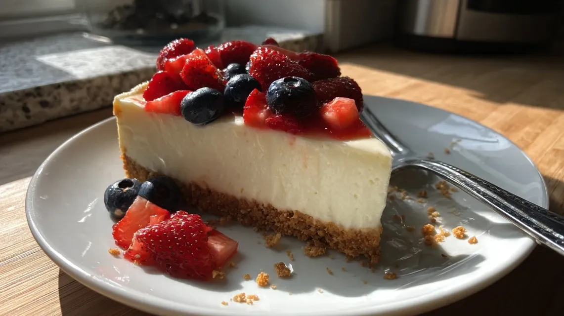 Woolworth Ice Box Cheesecake topped with fresh strawberries