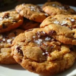 Close-up of salted caramel chocolate chip cookie broken in half