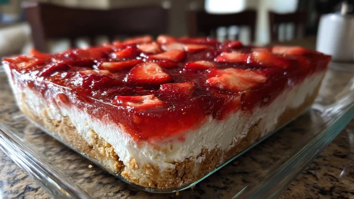 Homemade strawberry pretzel salad with three distinct layers