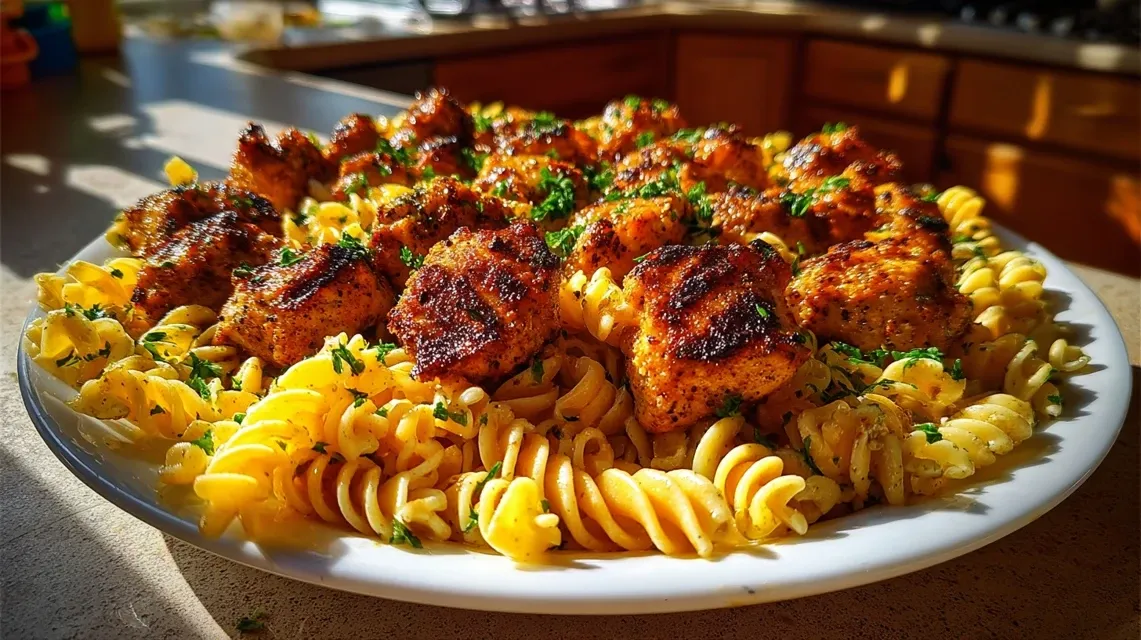 Cajun chicken pasta dinner served with garlic bread and side salad