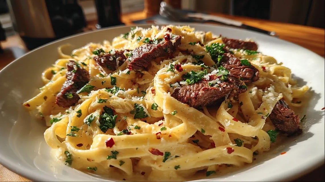 Creamy garlic parmesan steak pasta with tender sirloin strips in a white bowl