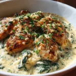 Close-up of creamy garlic Parmesan sauce being spooned over chicken