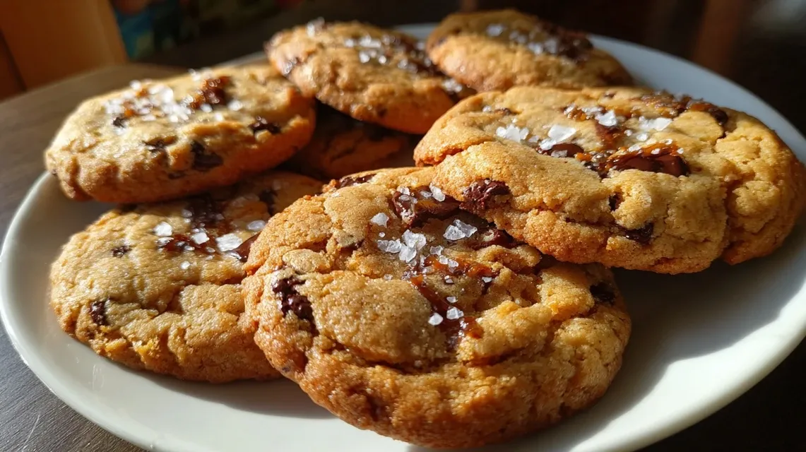 Close-up of salted caramel chocolate chip cookie broken in half