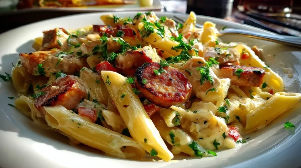 Close-up of Pepper Jack Chicken Sausage Pasta on fork