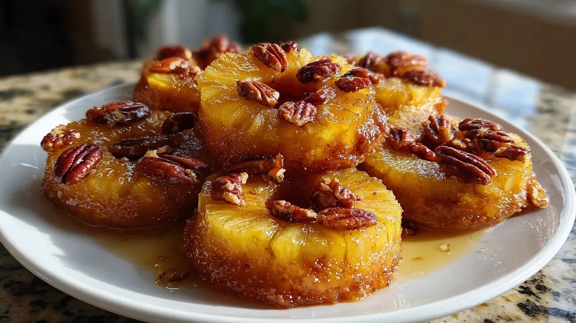 Sweet Potato Pineapple Upside Down Donut Ring cut in half showing interior texture