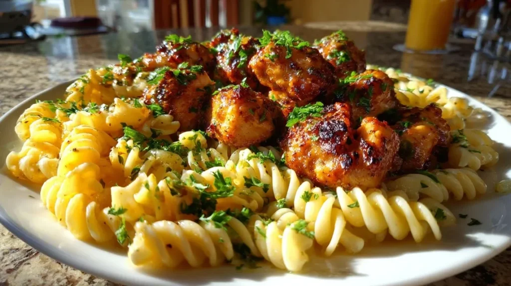 Cajun chicken pasta dinner served with garlic bread and side salad