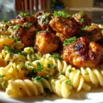 Cajun chicken pasta dinner served with garlic bread and side salad