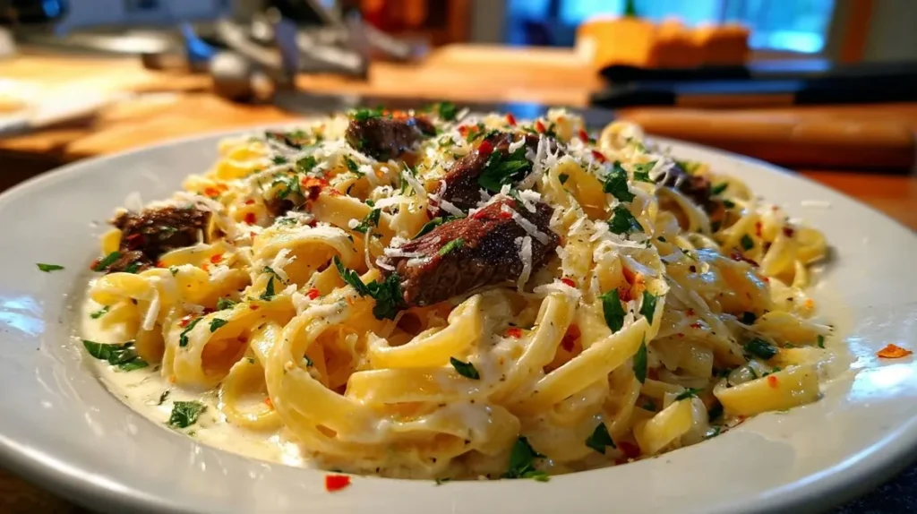 Cooking garlic parmesan sauce for steak pasta in a skillet