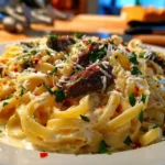 Cooking garlic parmesan sauce for steak pasta in a skillet