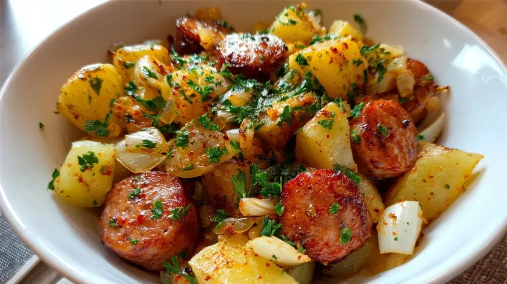 Close-up of smoked sausage rounds and crispy potatoes on a fork