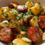 Close-up of smoked sausage rounds and crispy potatoes on a fork
