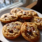 Stacked salted caramel chocolate chip cookies next to glass of milk