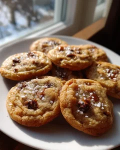 Stacked salted caramel chocolate chip cookies next to glass of milk