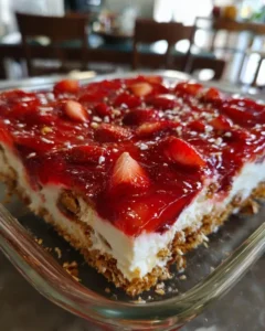 Finished strawberry pretzel salad on serving plate