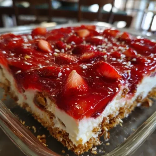 Finished strawberry pretzel salad on serving plate