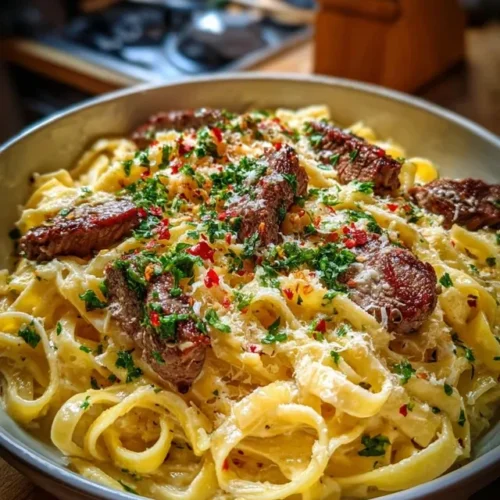 Finished plate of garlic parmesan steak pasta with side salad