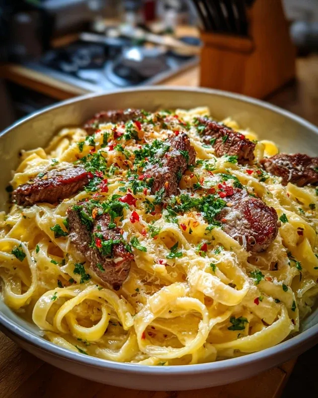 Finished plate of garlic parmesan steak pasta with side salad