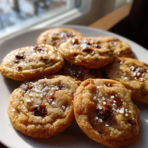 Stacked salted caramel chocolate chip cookies next to glass of milk